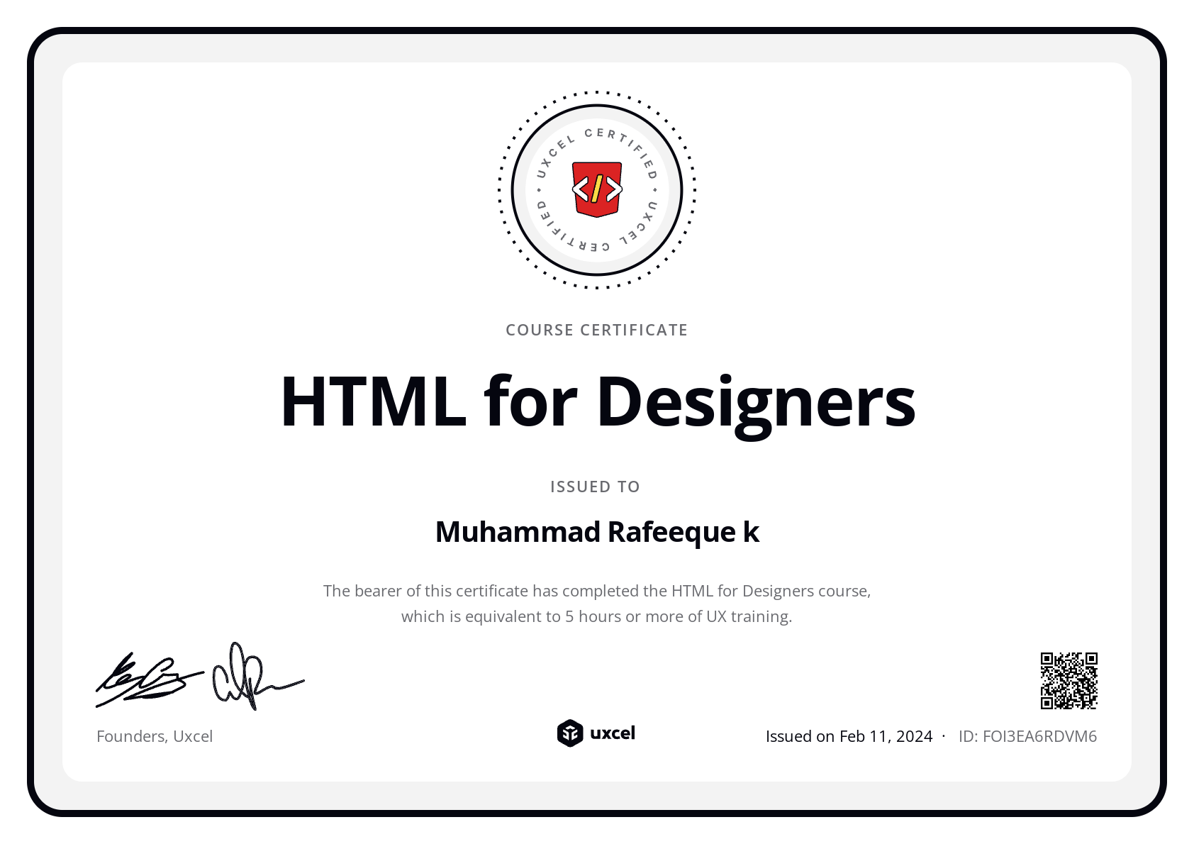 Muhammad Rafeeque k's certificate